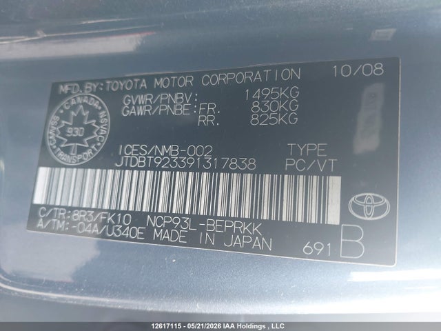12617115 :رقم المزاد ، JTDBT923391317838 vin ، 2009 Toyota Yaris مزاد بيع