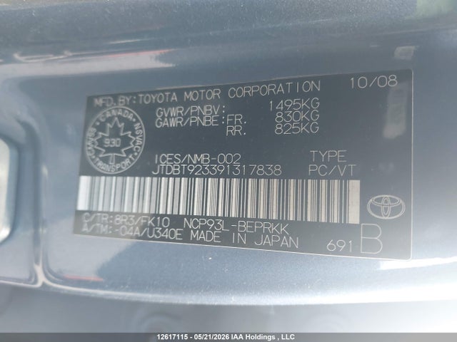 12617115 :رقم المزاد ، JTDBT923391317838 vin ، 2009 Toyota Yaris مزاد بيع