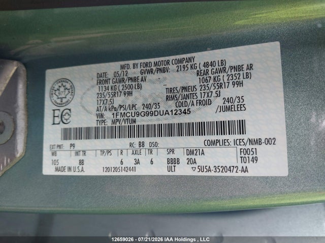 12659026 :رقم المزاد ، 1FMCU9G99DUA12345 vin ، 2013 Ford Escape Se مزاد بيع