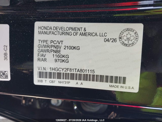 Продаж на аукціоні авто 2026 Honda Accord, vin: 1HGCY2F81TA801115, номер лоту: 12659027