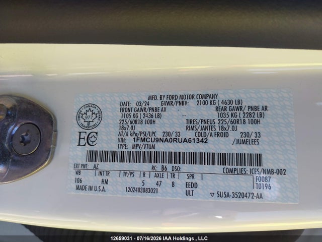 Продаж на аукціоні авто 2024 Ford Escape St-line Select, vin: 1FMCU9NA0RUA61342, номер лоту: 12659031