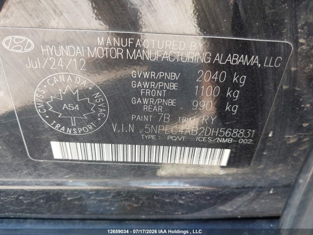 12659034 :رقم المزاد ، 5NPEC4AB2DH568831 vin ، 2013 Hyundai Sonata Se/limited مزاد بيع