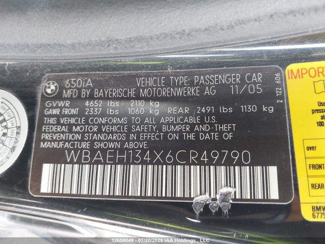 12659049 :رقم المزاد ، WBAEH134X6CR49790 vin ، 2006 Bmw 650i مزاد بيع