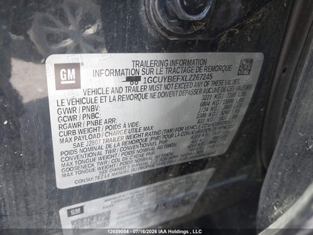 Aukcja sprzedaży 2020 Chevrolet Silverado 1500 Custom, vin: 1GCUYBEFXLZ267245, numer aukcji: 12659054