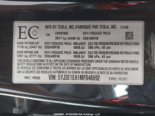 Продажа на аукционе авто 2021 Tesla Model 3, vin: 5YJ3E1EAXMF852398, номер лота: 12659060