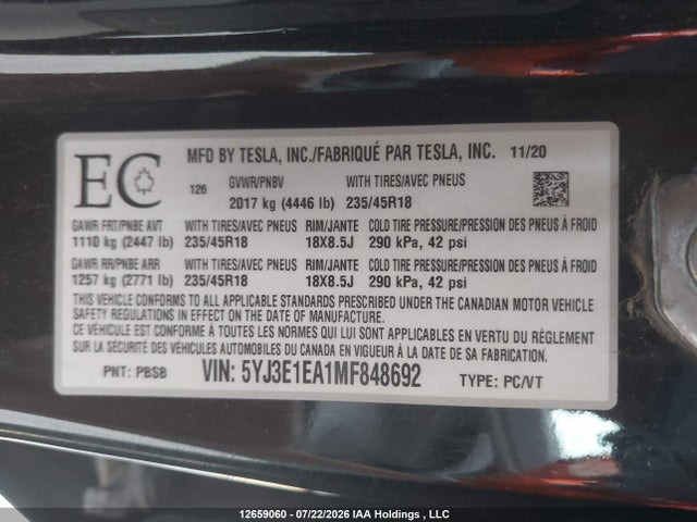 Продажа на аукционе авто 2021 Tesla Model 3, vin: 5YJ3E1EAXMF852398, номер лота: 12659060
