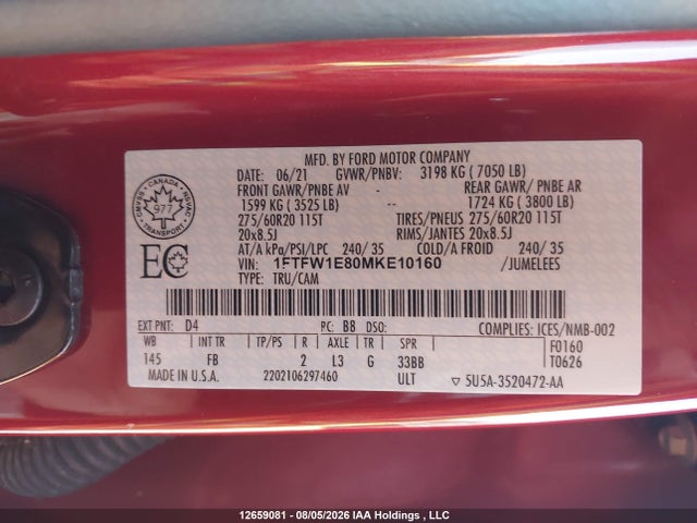 12659081 :رقم المزاد ، 1FTFW1E80MKE10160 vin ، 2021 Ford F150 Supercrew مزاد بيع