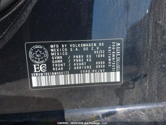 Aukcja sprzedaży 2022 Volkswagen Jetta Sel, vin: 3VWGM7BU1NM009173, numer aukcji: 12659091