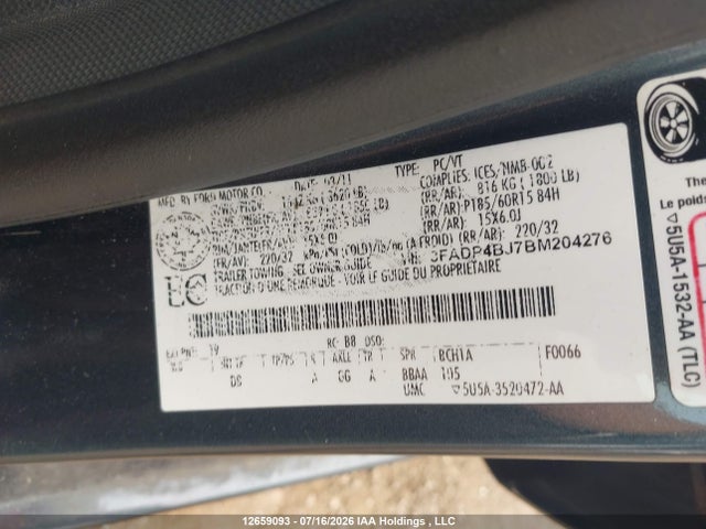 2011 Ford Fiesta Se მანქანა იყიდება აუქციონზე, vin: 3FADP4BJ7BM204276, აუქციონის ნომერი: 12659093