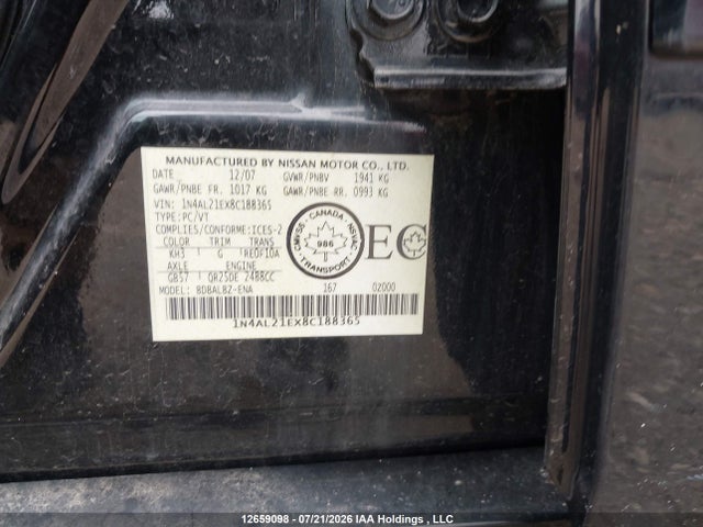 12659098 :رقم المزاد ، 1N4AL21EX8C188365 vin ، 2008 Nissan Altima 2.5 S مزاد بيع