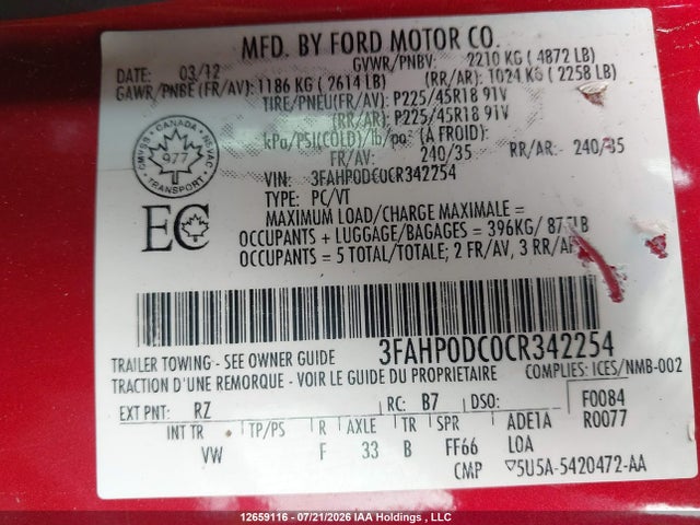 Продажа на аукционе авто 2012 Ford Fusion Sport, vin: 3FAHP0DC0CR342254, номер лота: 12659116