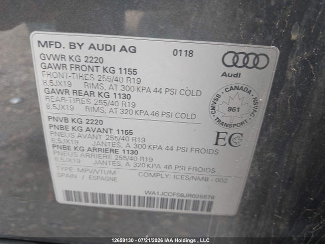 2018 Audi Q3 2.0t Progressiv მანქანა იყიდება აუქციონზე, vin: WA1JCCFS8JR025578, აუქციონის ნომერი: 12659130