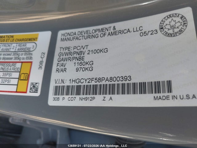 1HGCY2F58PA800393 Honda Accord