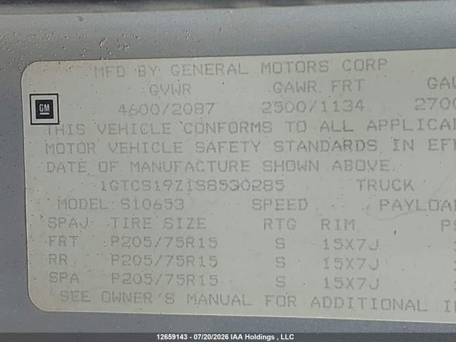 Aukcja sprzedaży 1995 Gmc Sonoma, vin: 1GTCS19Z1S8530285, numer aukcji: 12659143
