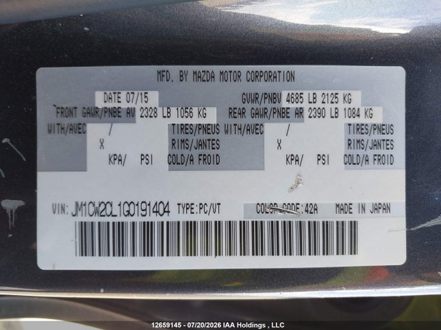 Aukcja sprzedaży 2016 Mazda Mazda5 Gs, vin: JM1CW2CL1G0191404, numer aukcji: 12659145