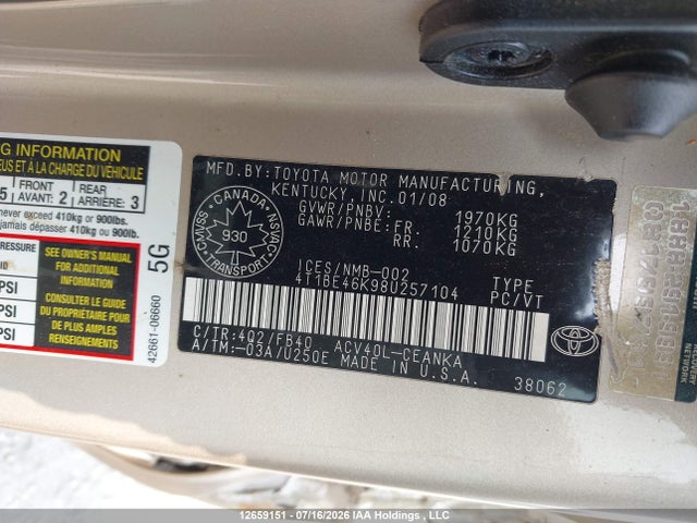2008 Toyota Camry Ce/le/xle/se მანქანა იყიდება აუქციონზე, vin: 4T1BE46K98U257104, აუქციონის ნომერი: 12659151