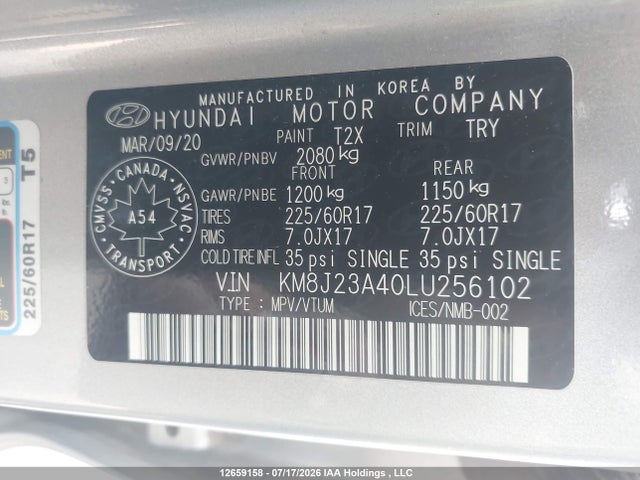 12659158 :رقم المزاد ، KM8J23A40LU256102 vin ، 2020 Hyundai Tucson Se مزاد بيع
