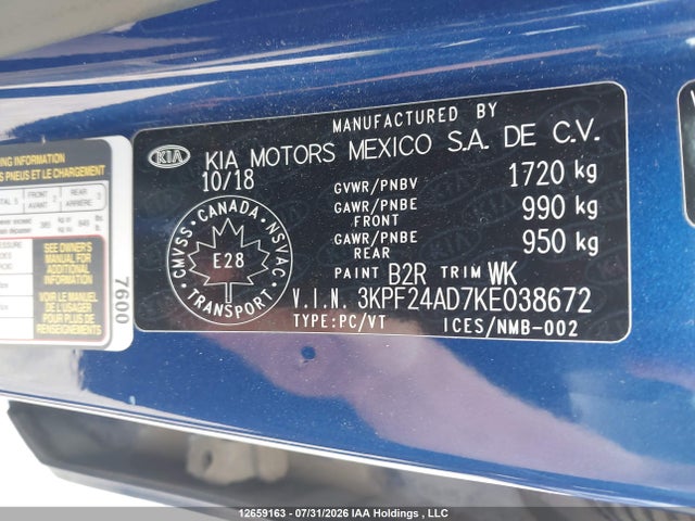 Aukcja sprzedaży 2019 Kia Forte Fe/lx/lxs, vin: 3KPF24AD7KE038672, numer aukcji: 12659163