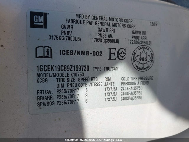 2009 Chevrolet Silverado K1500 მანქანა იყიდება აუქციონზე, vin: 1GCEK19C89Z169730, აუქციონის ნომერი: 12659169