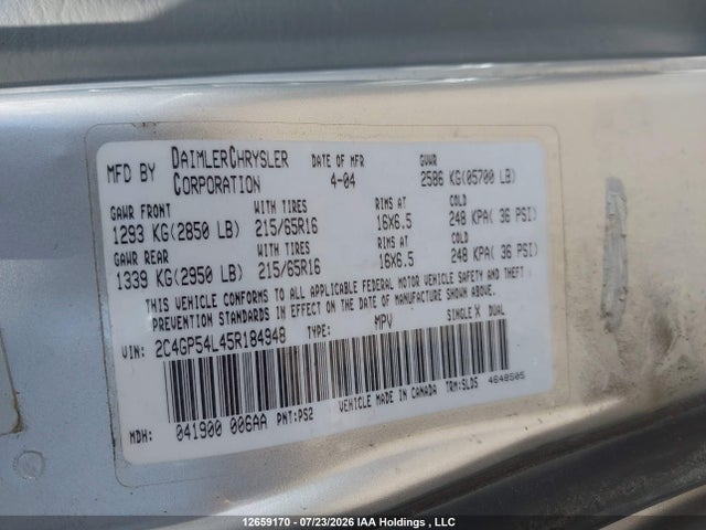 Aukcja sprzedaży 2005 Chrysler Town & Country Touring, vin: 2C4GP54L45R184948, numer aukcji: 12659170