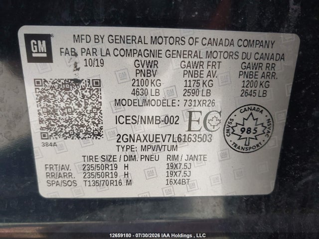 Продажа на аукционе авто 2020 Chevrolet Equinox, vin: 2GNAXUEV7L6163503, номер лота: 12659180