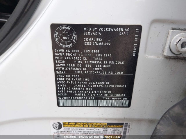 Продажа на аукционе авто 2013 Volkswagen Touareg, vin: WVGEP9BP6DD011482, номер лота: 12659196