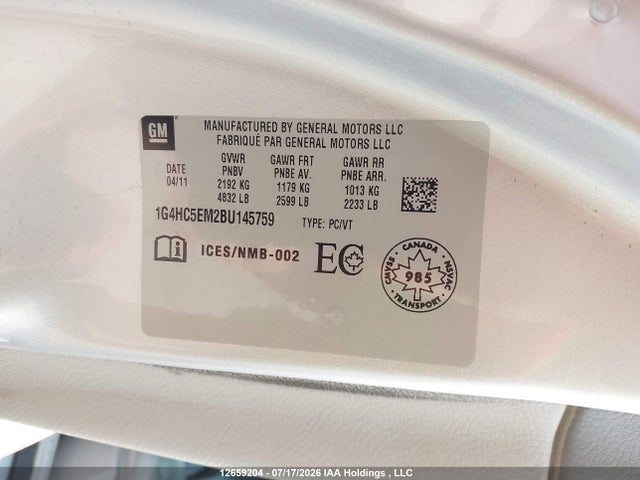 Продажа на аукционе авто 2011 Buick Lucerne Cxl, vin: 1G4HC5EM2BU145759, номер лота: 12659204