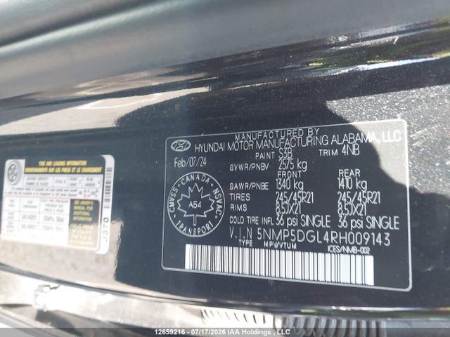 12659216 :رقم المزاد ، 5NMP5DGL4RH009143 vin ، 2024 Hyundai Santa Fe Ultimate Calligraphy مزاد بيع