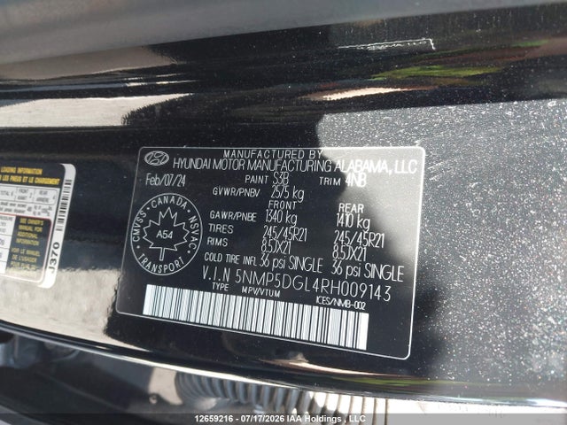 12659216 :رقم المزاد ، 5NMP5DGL4RH009143 vin ، 2024 Hyundai Santa Fe Ultimate Calligraphy مزاد بيع
