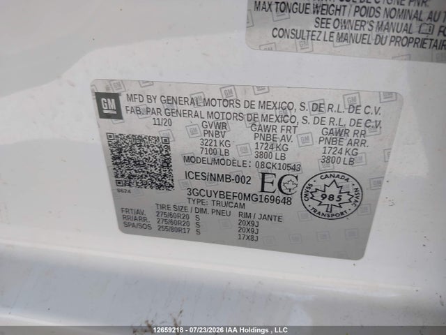 3GCUYBEF0MG169648 Chevrolet Silverado 1500 Custom