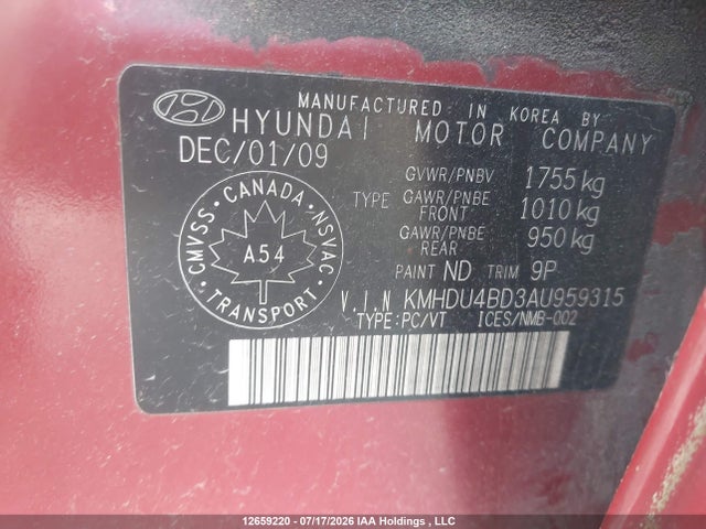 Aukcja sprzedaży 2010 Hyundai Elantra Gl, vin: KMHDU4BD3AU959315, numer aukcji: 12659220