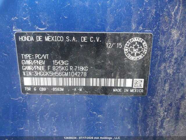 3HGGK5H56GM104278 Honda FIT LX