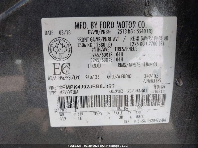 2FMPK4J92JBB82406 Ford EDGE SEL