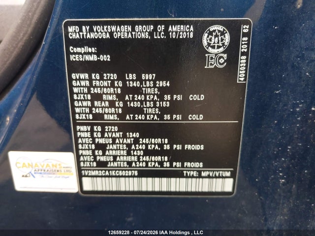Aukcja sprzedaży 2019 Volkswagen Atlas Sel, vin: 1V2MR2CA1KC502975, numer aukcji: 12659228