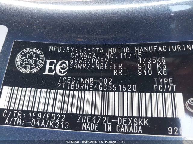 12659231 :رقم المزاد ، 2T1BURHE4GC551520 vin ، 2016 Toyota Corolla L/le/le Pls/prm/s/s Pls مزاد بيع