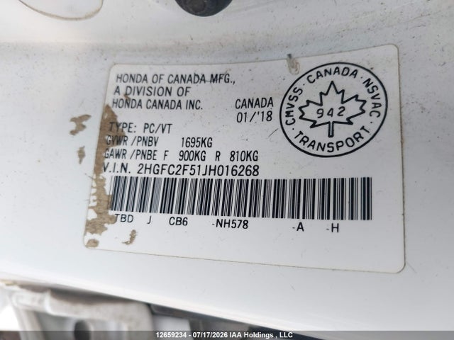 2018 Honda Civic Lx მანქანა იყიდება აუქციონზე, vin: 2HGFC2F51JH016268, აუქციონის ნომერი: 12659234