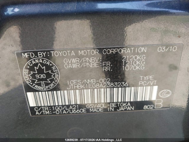 Aukcja sprzedaży 2010 Lexus Es 350 350, vin: JTHBK1EG8A2383236, numer aukcji: 12659239