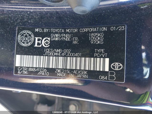 2023 Toyota Corolla Le/se/night Shade მანქანა იყიდება აუქციონზე, vin: JTDBDMHE4PJ000401, აუქციონის ნომერი: 12659245