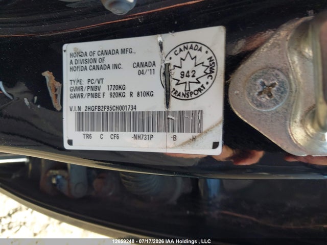 Продаж на аукціоні авто 2012 Honda Civic Ex-l, vin: 2HGFB2F95CH001734, номер лоту: 12659248