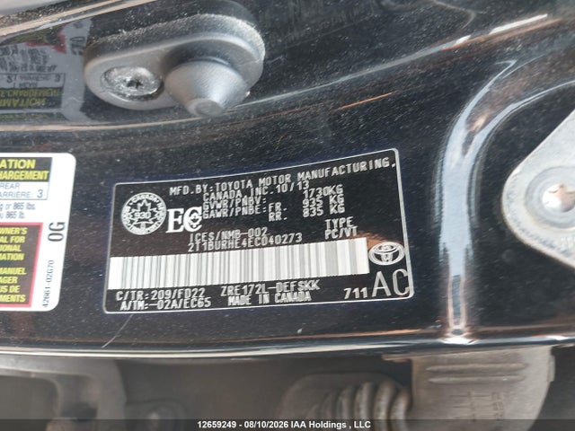 12659249 :رقم المزاد ، 2T1BURHE4EC040273 vin ، 2014 Toyota Corolla L/le/le Pls/prm/s/s Pls مزاد بيع