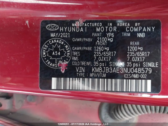 12659251 :رقم المزاد ، KM8JB3AE3NU048579 vin ، 2022 Hyundai Tucson Preferred Fwd مزاد بيع
