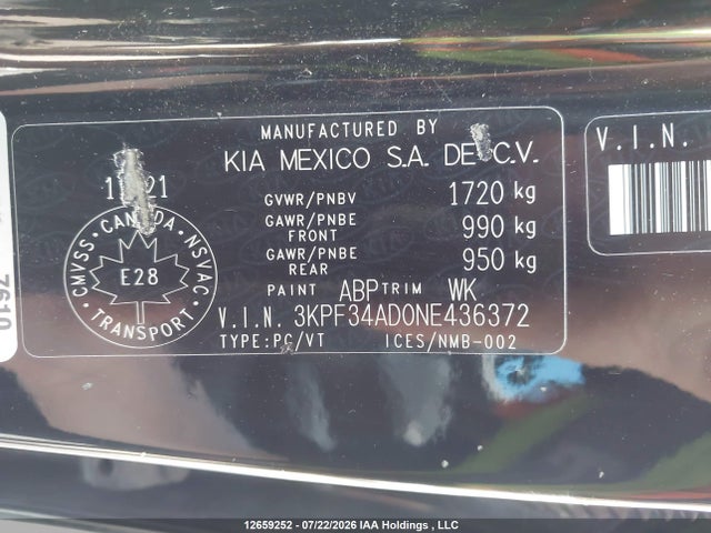 12659252 :رقم المزاد ، 3KPF34AD0NE436372 vin ، 2022 Kia Forte Ex/ex Premium/ex+/gt-line مزاد بيع