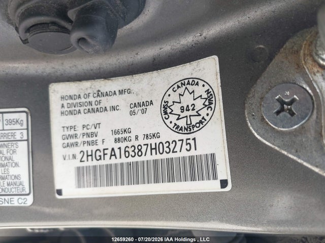 Aukcja sprzedaży 2007 Honda Civic Dx-g, vin: 2HGFA16387H032751, numer aukcji: 12659260