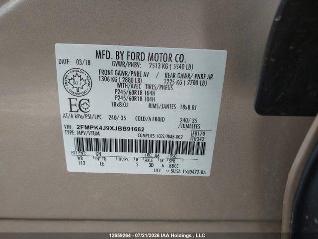 12659264 :رقم المزاد ، 2FMPK4J9XJBB91662 vin ، 2018 Ford Edge Sel مزاد بيع