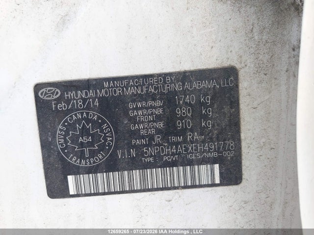 12659265 :رقم المزاد ، 5NPDH4AEXEH491778 vin ، 2014 Hyundai Elantra Se/sport/limited مزاد بيع