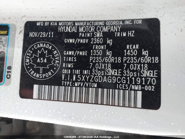 Продажа на аукционе авто 2012 Hyundai Santa Fe Gls, vin: 5XYZGDAG9CG119170, номер лота: 12659269