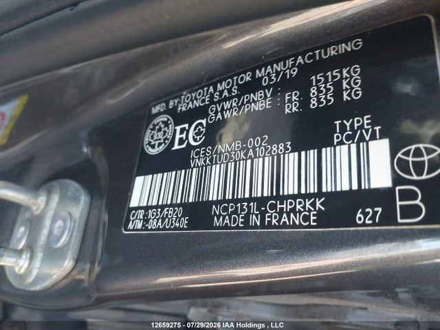 Aukcja sprzedaży 2019 Toyota Yaris, vin: VNKKTUD30KA102883, numer aukcji: 12659275