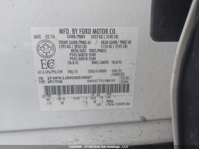 Aukcja sprzedaży 2016 Ford Edge Sel, vin: 2FMPK3J85GBB39897, numer aukcji: 12650999