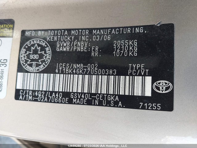 Продаж на аукціоні авто 2007 Toyota Camry Le V6/se V6/xle V6, vin: 4T1BK46K77U500383, номер лоту: 12659280