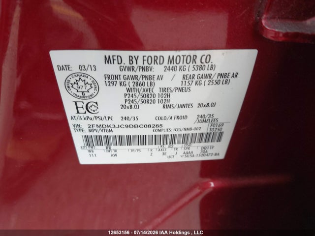 2013 Ford Edge Sel მანქანა იყიდება აუქციონზე, vin: 2FMDK3JC9DBC08285, აუქციონის ნომერი: 12653156